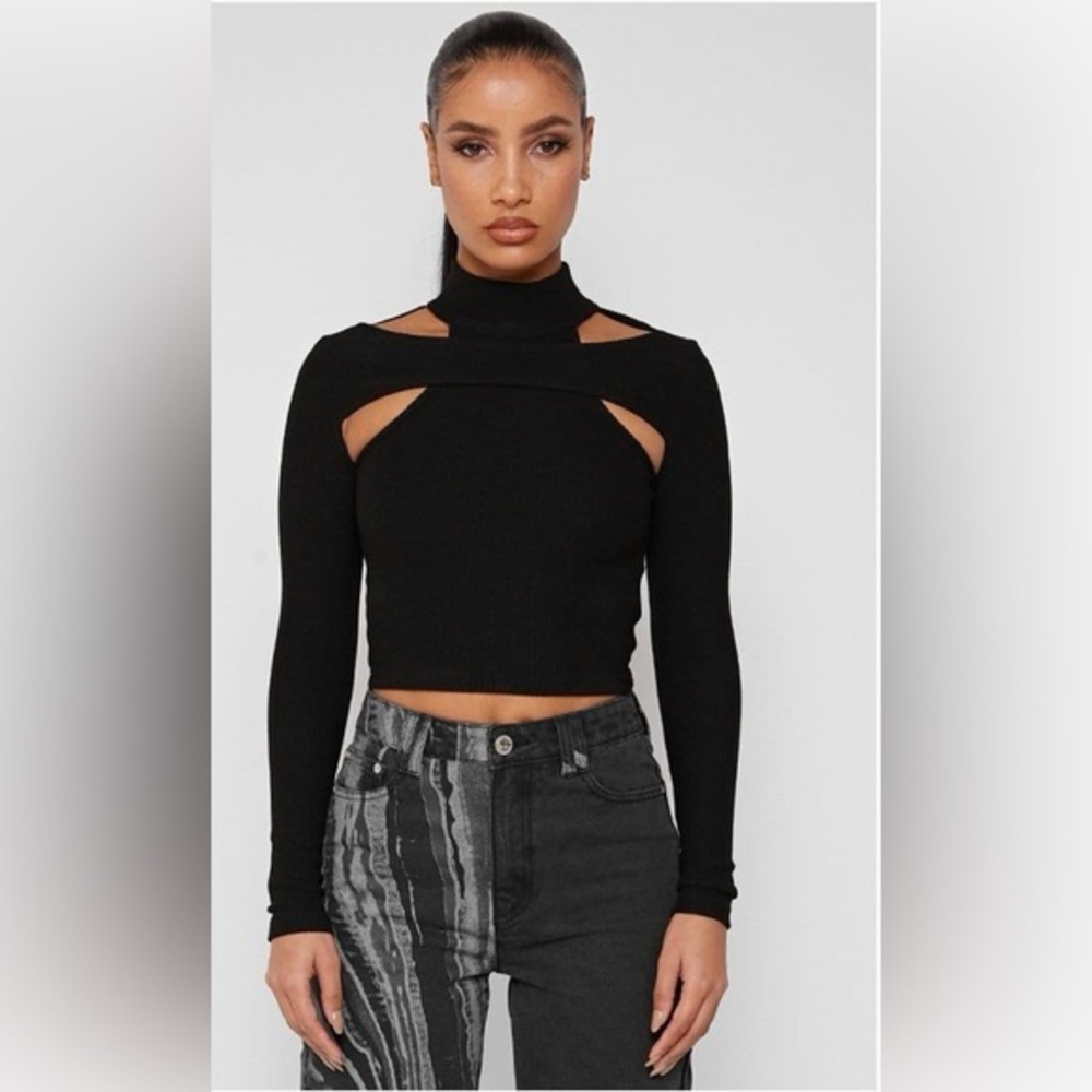 Maniere De Voir High Neck Ribbed Crop Top